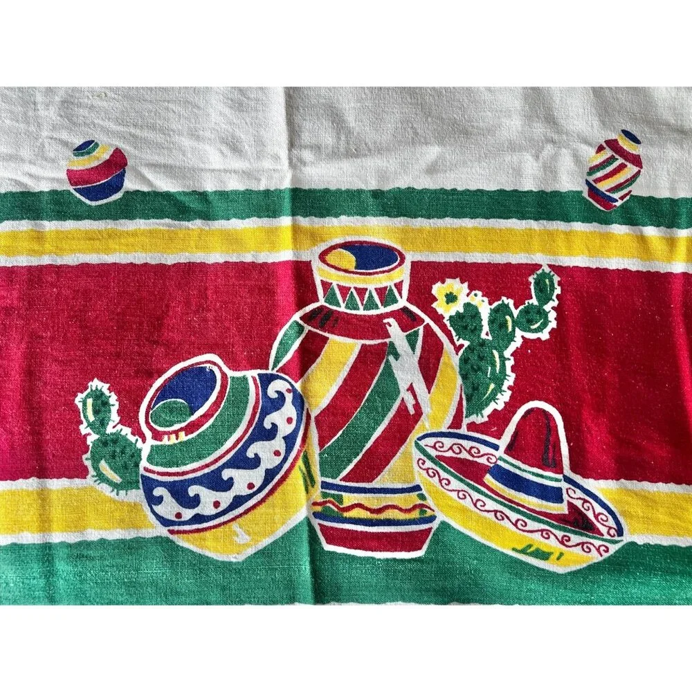 Southwestern Tablecloth 63” x 49” VTG With Red Green Yellow & Blue Stripes - Picture 6 of 16